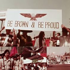 a group of people holding signs and flags in front of a large sign that says be brown & be proud