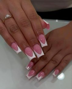 Pink Base White French Tip, Pink Tip Nails, Acrylic Nail Set, Baddie Nails, Girly Acrylic Nails