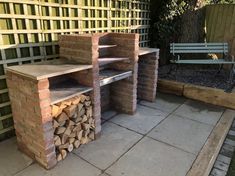 the firewood is stacked up outside on the patio