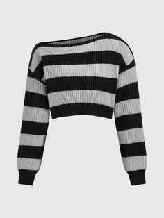 Multicolor Casual Collar Long Sleeve Knitwear Striped Pullovers Embellished Slight Stretch  Women Clothing Black Ribbed Long Sleeve Cropped Sweater, Black Cropped Long Sleeve Sweater, Trendy Asymmetrical Sweater For Winter, Trendy Striped Long Sleeve Knit Top, Trendy Long Sleeve Striped Knit Top, Casual Asymmetrical Knit Top For Winter, Casual Asymmetrical Knit Top, Asymmetrical Black Sweater For Layering, Oversized Asymmetrical Casual Sweater