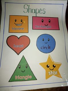 a poster with different shapes and words on it's front cover that says shape, square, rectangle, heart, circle, triangle, star