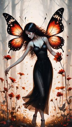 a woman in a black dress with butterflies on her wings and flowers around her body