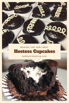 chocolate cupcakes with white frosting and the words making the very best hostess cupcakes