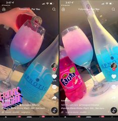 two pictures of drinks with different colors in them