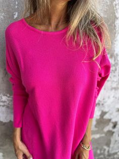 Round Neck Long Sleeve Knitted Top Trendy Long Sleeve Spring Sweater, Spring Long Sleeve Sweater In Trendy Style, Spring Trendy Long Sleeve Sweater, Trendy Solid Color Long Sleeve Top For Fall, Trendy Long Sleeve Solid Color Sweater, Casual Ribbed Long Sleeve Top For Winter, Casual Long Sleeve Sweater For Spring, Solid Long Sleeve Spring Sweater, Pink Crew Neck Sweater Solid Color