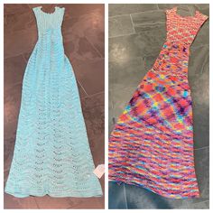 two different dresses on the floor, one in blue and one in pink with crochet