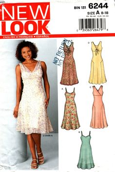 V-NECK BIAS SLIP STYLE CAMISOLE SUMMER DRESS SEWING PATTERN SIZE 8 10 12 14 16 18 - WOMEN MISSES NEW LOOK 6244 C 2000s INCLUDES FULL FIGURE, CURVY FIT AND PLUS SIZE FOUR STYLES INCLUDING: SPAGHETTI STRAPS SLIP DRESS BODICE WITH OR WITHOUT FRONT TIES BIAS CUT, GORED SKIRT THIS PATTERN COMES IN 3 LANGUAGES:   ENGLISH   FRANCH   SPANISH THIS PATTERN IS IN 'EXCELLENT' CONDITION.  UNCUT WITH FACTORY FOLDS! Tank Top Sewing Pattern, Summer Dress Sewing Patterns, Crochet Pattern Instructions, Bolero Dress, Wedding Dress Patterns, Dress Party Night, Miss Dress, Blush Dresses, Crochet Dress Pattern