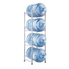 a metal rack with six large water bottles on each side and one smaller bottle in the middle