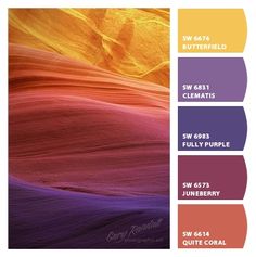 the color palette is different shades of purple, orange and yellow