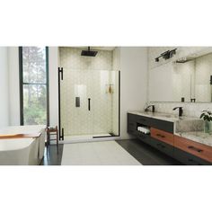 a bathroom with two sinks and a walk - in shower next to a bathtub