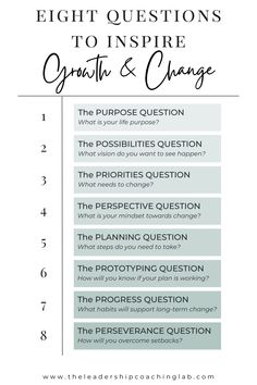 the eight questions to inspire growth and change with text overlaying it in white