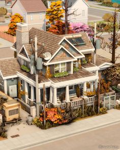 an artist's rendering of a house with lots of trees and flowers on the roof