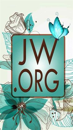 a blue butterfly sitting on top of a sign that says jw org with flowers and leaves around it