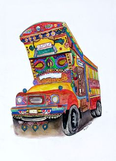 a drawing of a colorful truck with an open hood