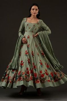 Shop for Balance by Rohit Bal Green Chanderi Floral Print Anarkali Set for Women Online at Aza Fashions Sage Green Anarkali, Floral Print Anarkali, Kurta Sets For Women, Green Anarkali, Chanderi Dupatta, Printed Anarkali, Sage Green Dress, Anarkali Kurti, Rohit Bal