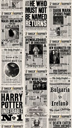 an old newspaper advertisement with harry potter's names and pictures on the front page