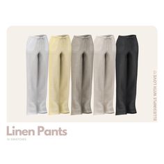 five different colored pants are shown in this image