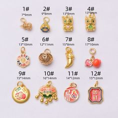 various charms are shown in different sizes and colors