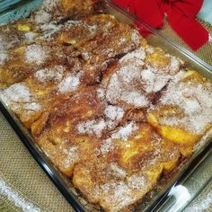 a dessert dish with powdered sugar on top