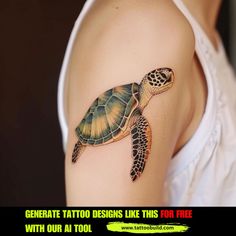 a woman with a tattoo on her arm has a turtle on it's shoulder