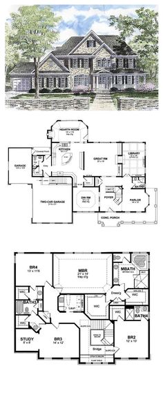 two story house plans with an open floor plan for the front and back of the house