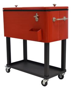 a red and black cart with two drawers on each side, one drawer is open