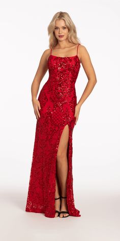 Camille La Vie Scroll Sequin Mesh Lace Up Back Column Dress missy / 0 / red Red Sparkle Dress, Red Prom Dresses Long, Long Tight Dress, Uzun Boy, Formal Ideas, Metallic High Heels, Prom 2024, Winter Formal Dresses, Super Hero Outfits