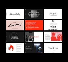 a collage of different types of text on black and white squares with red accents