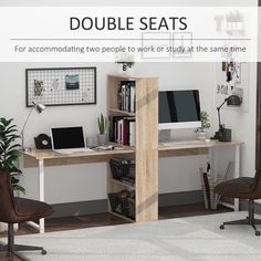 there is a computer desk and chair in this room with the text double seats for accommating people to work or study at the same time