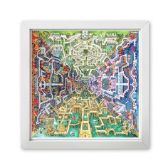 a colorful painting with lots of different colors and shapes on the bottom, in a white frame