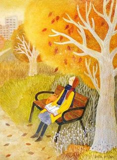 a painting of a person sitting on a park bench in the fall, reading a book