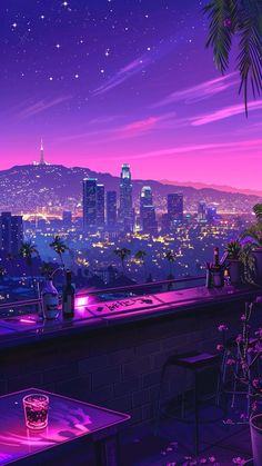 the city skyline is lit up at night with purple hues and stars in the sky