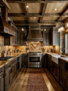 a kitchen with wooden cabinets and an area rug on the floor in front of the stove