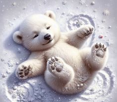 a white polar bear laying on its back in the snow with it's paws spread out