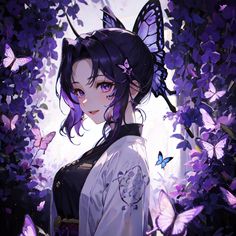 a woman with purple hair and butterfly wings on her head standing in front of butterflies