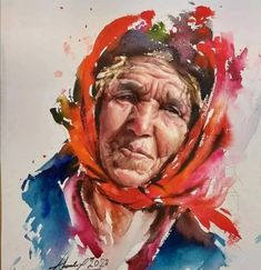 a painting of an old woman wearing a red scarf