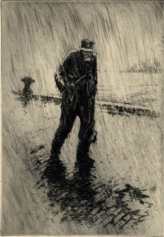 a drawing of a man standing in the rain