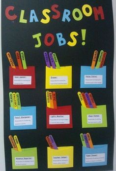 classroom jobs bulletin board with colorful sticky notes on black paper and multi - colored adhesives