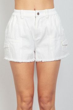 The Cloud Cargo Short in white are chic and casual high-waisted shorts. The neutral color palette is a versatile choice, offering a refreshing take on a summer staple. They're designed with a raw hemline to add a bit of edge to your ensemble, and the... Simple Tank Tops, Neutral Color Palette, Cargo Short, Swim Fashion, Summer Staples, Casual Summer Outfit, The Cloud, Neutral Colour Palette, Good American