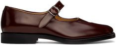 Polished calfskin Mary Jane-style loafers in brown. · Square cleft toe · Pin-buckle strap at vamp · Signature white stitch at heel collar · Buffed lambskin and suede lining · Stacked calfskin heel · Calfskin sole · Heel: H1 Supplier color: Bordeaux Elegant Brown Mary Janes With Buckle Closure, Business Mary Janes With Leather Sole, Classic Mary Janes With Leather Sole For Business, Elegant Brown Leather Mary Janes, Formal Brown Mary Janes With Buckle Closure, Classic Mary Janes With Leather Sole For Formal Occasions, Classic Formal Mary Janes With Leather Sole, Brown Square, Flat Shoes Women