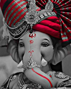 an elephant with a red turban on it's head and some jewels around its neck