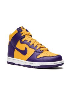 yellow/purple calf leather signature Swoosh logo detail round toe front lace-up fastening logo patch at the tongue ankle-length branded insole rubber sole These styles are supplied by a premium sneaker marketplace. Stocking only the most sought-after footwear, they source and curate some of the most hard to find sneakers from around the world. Sneakers Purple, Shoes Teen, Dunk High, High Sneakers, Swoosh Logo, Nike Kids, Teen Boy, Boy Shoes, Yellow Purple