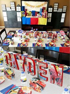 the table is set up with spiderman plates and napkins