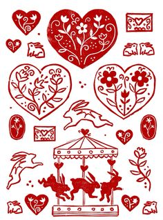 an image of valentine's day stickers with hearts, flowers and horses on them