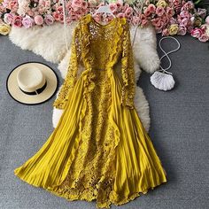 Long Dress Korean, Lace Patchwork Dress, Ruffle Summer Dress, Women Lace Dress, Pleated Long Skirt, Maxi Dress Prom, Flower Lace, Korean Dress, Lace Patchwork