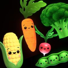 three vegetables with faces drawn on them and some peas, carrots, broccoli