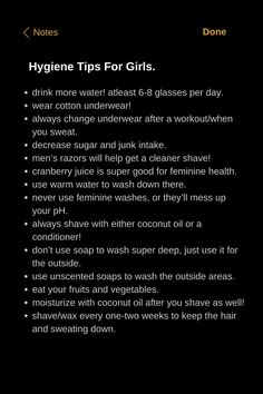 hygiene | girls | girls hygiene | feminine hygiene | feminine | clean | cleanliness | clean girls | hygiene tips Good Grooming And Personal Hygiene, Personal Heigene Tips, Hygenic Tips Feminine List, Female Care Tips, Clean Girl Hygiene Routine, Tips For Hygiene, Coquette Hygiene Tips, Fem Hygiene Tips, Girl Life Hacks Hygiene