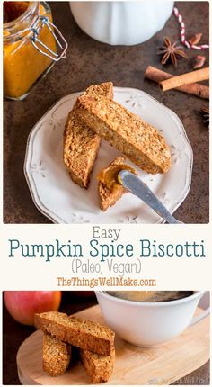 pumpkin spice biscotti is cut into pieces on a plate