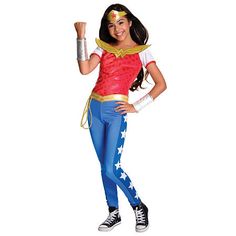 This costume includes Top, Pants, Tiara, Belt with Lasso, GauntletsThis Product Is Made Of Polyester Polyurethane Foam Exclusive Of Decoration# Pieces In Set: 5Character: Wonder Woman, Dc ComicsBase Material: 100% PolyesterCare: Hand WashCountry of Origin: Imported Costumes For Pregnant Women, Girl Superhero Costumes, Wonder Woman Halloween Costume, Super Hero High, Wonder Woman Dress, Superhero Costumes, Woman Costume, Wonder Woman Costume, Dc Super Hero Girls