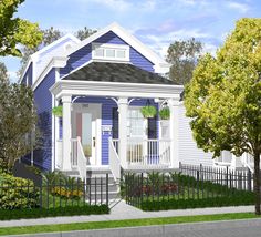 a small blue and white house on the corner of a street with trees in front of it